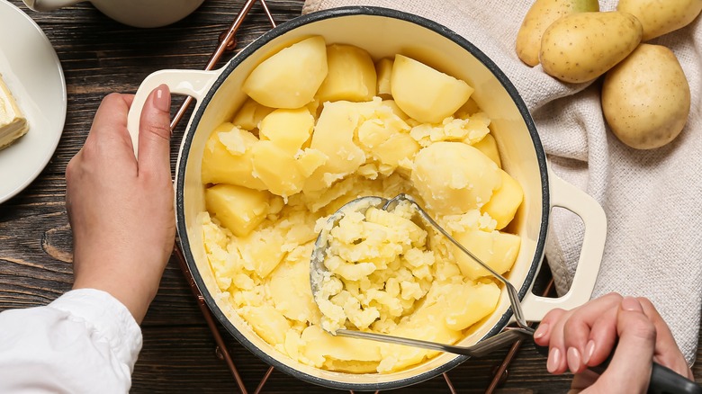 birdseye of potatoes being mashed