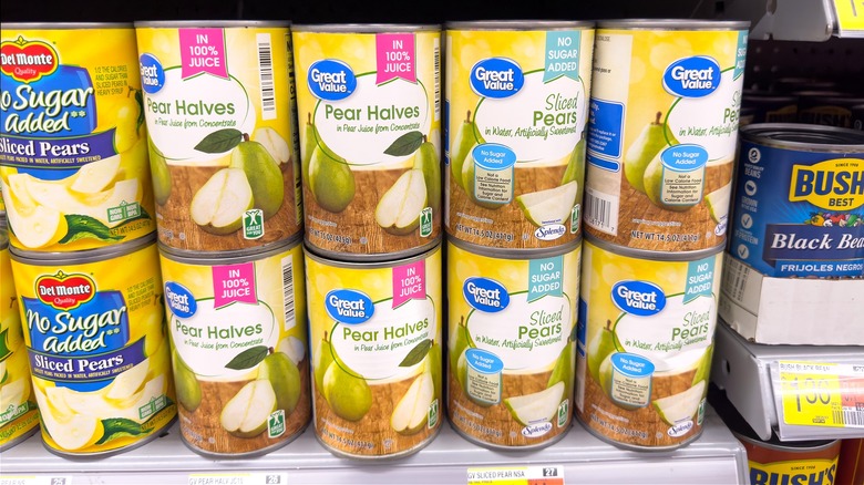 canned pears at supermarket