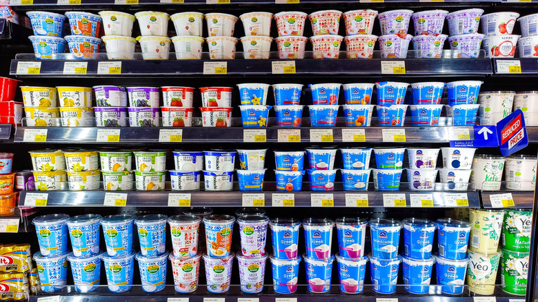 Colorful shelf of Greek yogurt