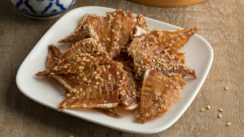 fried fish bones with sesame seeds