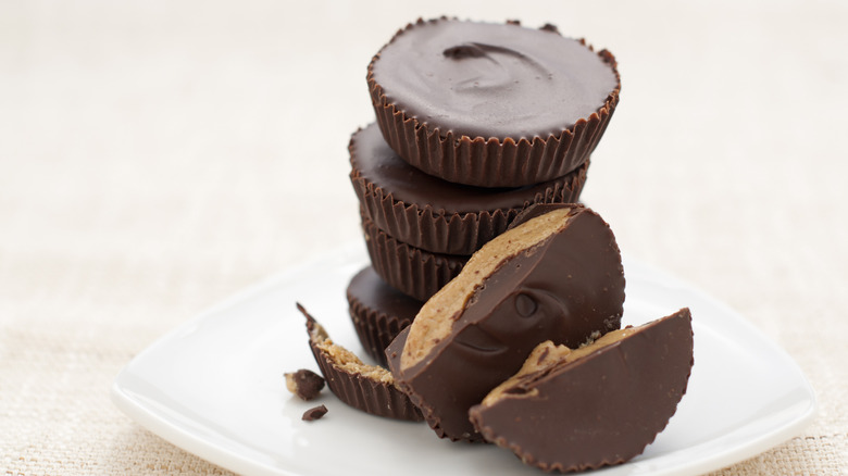 close up of a stack of peanut butter cups on a small plate