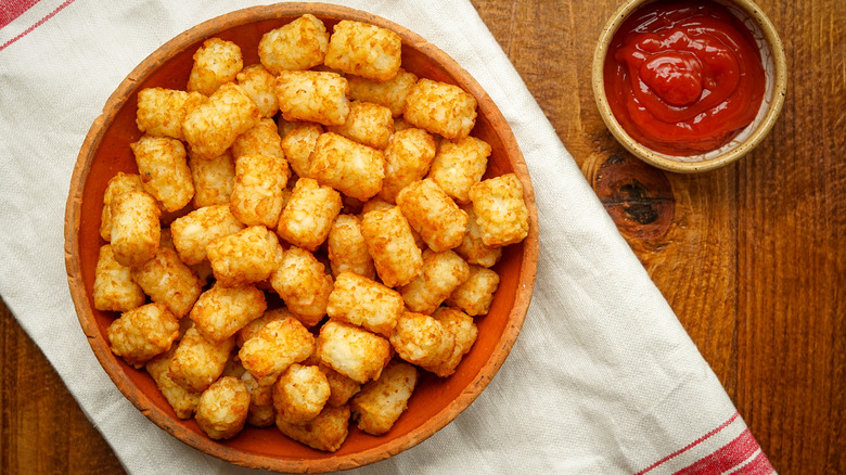 bowl of tater tots with side of ketchup