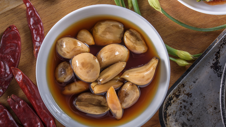 Pickled garlic in a bowl