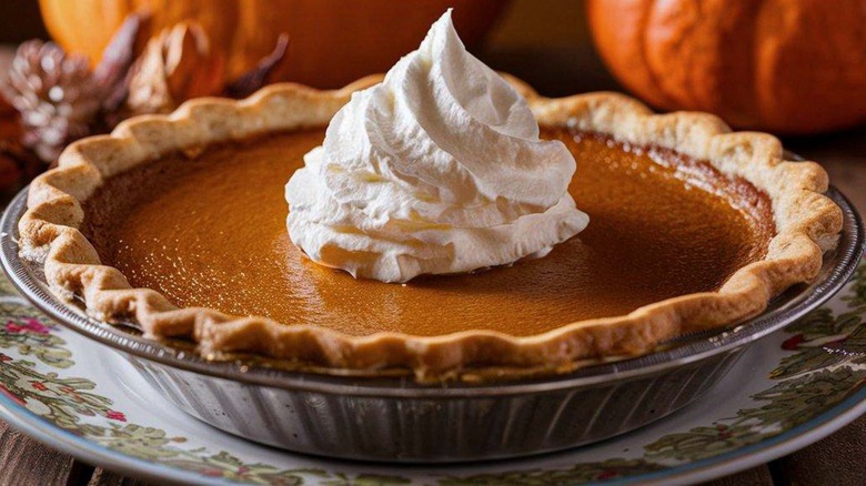 Whole pumpkin pie with whipped cream