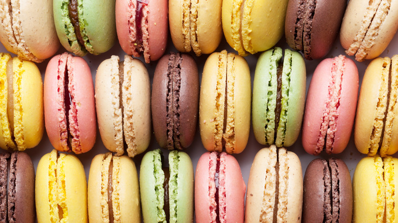 Rows of colorful macarons