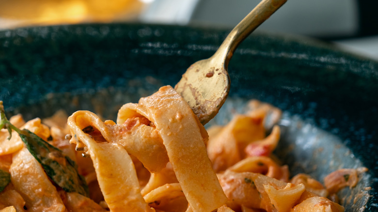 A fork with pasta noodles wrapped around it, over a bowl