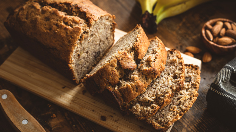 Coconut oil banana bread sliced on cutting board