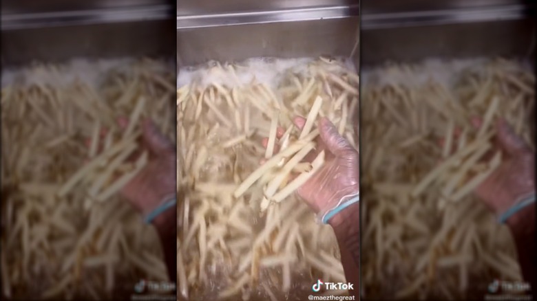 person holding fries in deep fryer