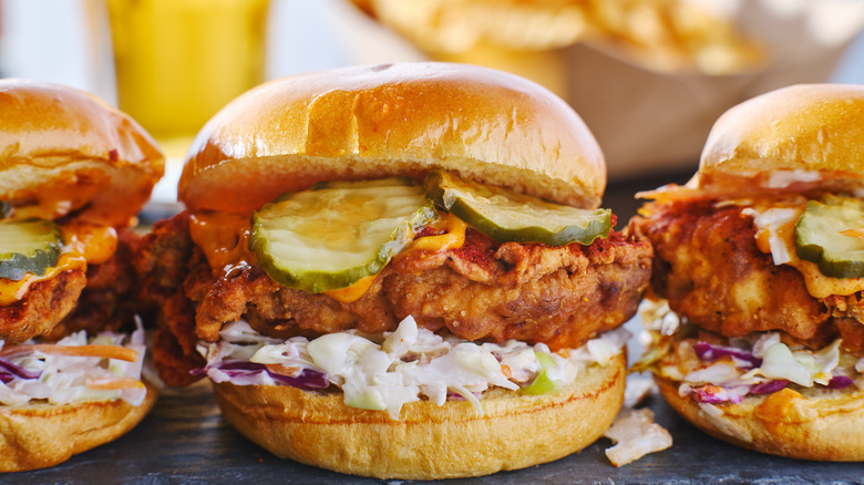 Nashville hot chicken sandwiches with pickles