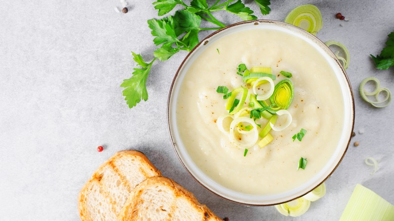 cauliflower soup bowl with leeks