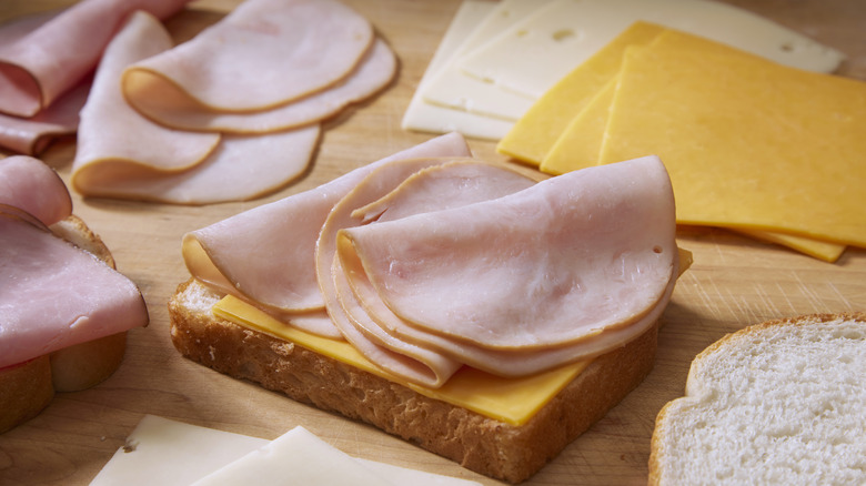 Sliced ham on a sandwich