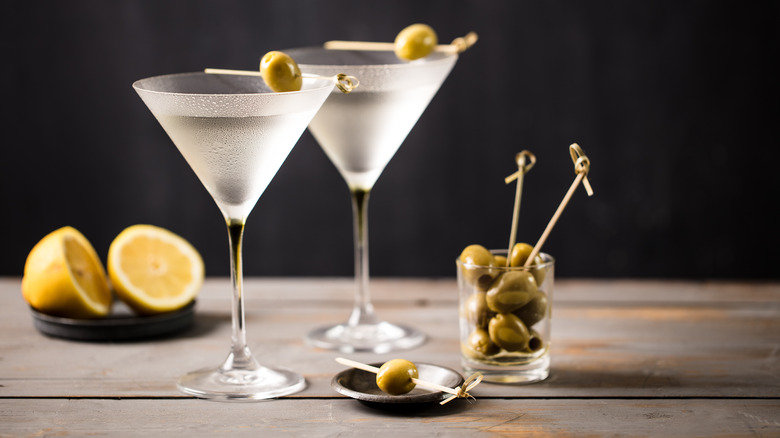 Cold martinis with olives and lemon