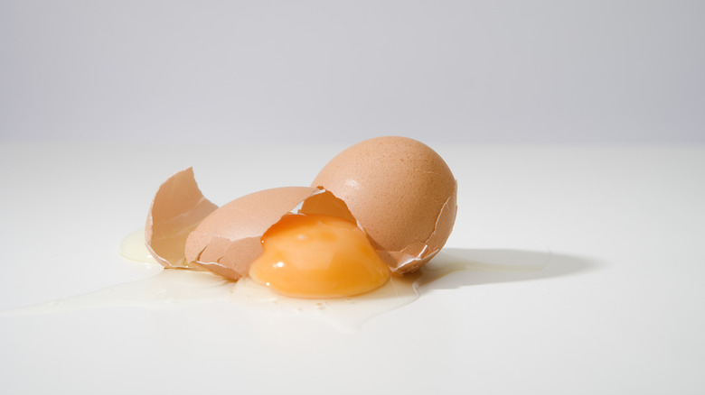 Broken egg on white background