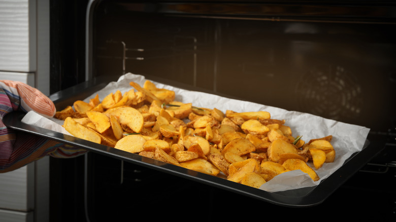 many roasted potatoes on baking sheet