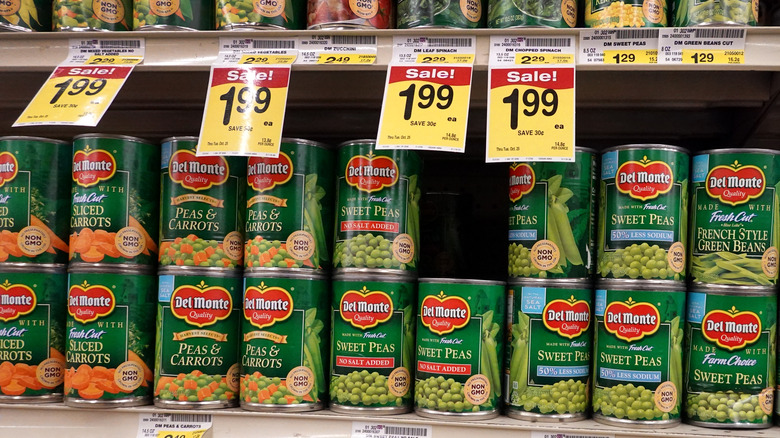 Cans of vegetables in the grocery store