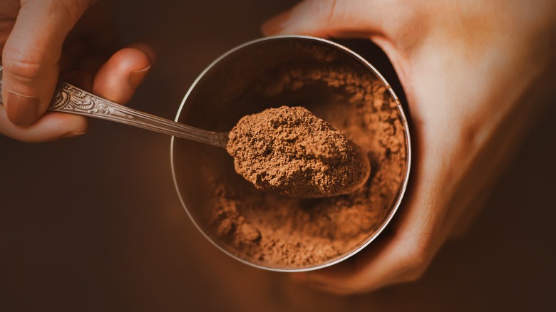 Person's hands holding spoon of cocoa powder