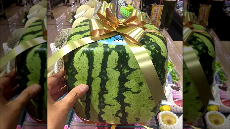 Square watermelon with gold bow 