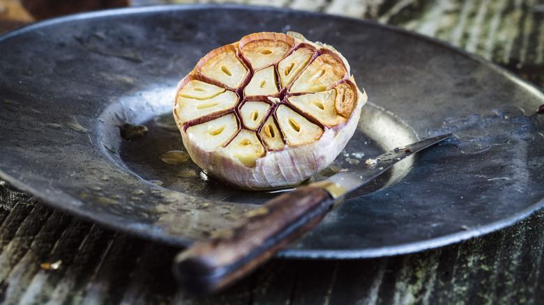 Roasted garlic bulb bisected