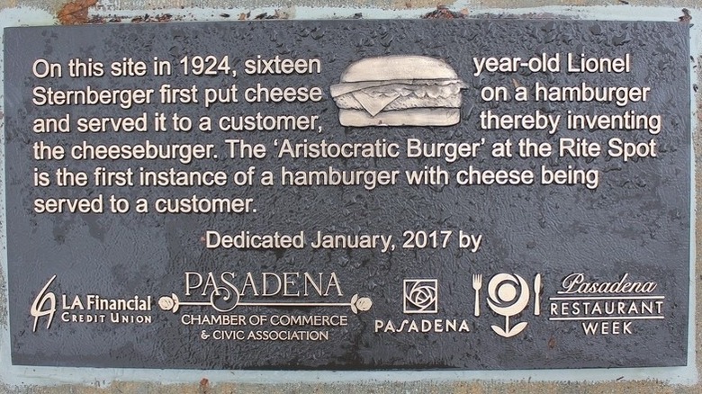 Pasadena plaque proclaiming the cheeseburger's local origins