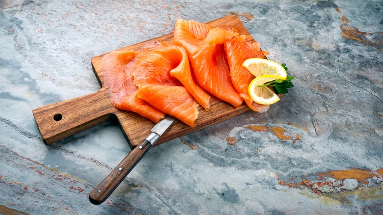 smoked salmon on cutting board