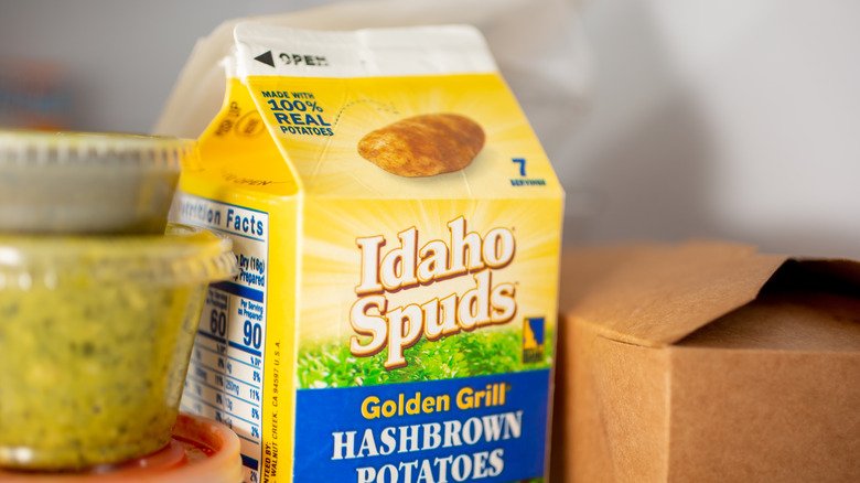 Carton of Idaho Spuds hash browns