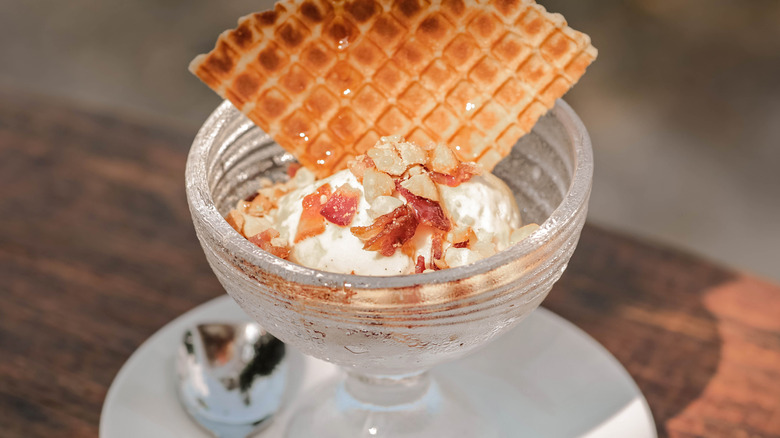 candied bacon and waffle in ice cream