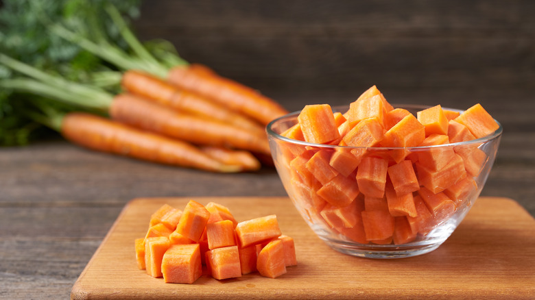 Bowl of diced carrot chunks