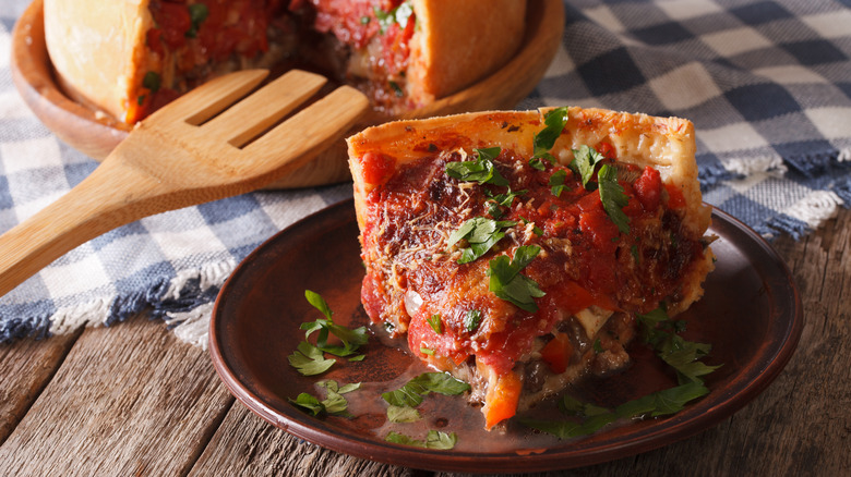 Slice of Chicago-style deep dish pizza