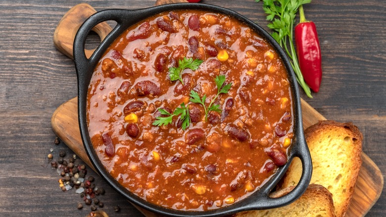 Top down view bowl of chili