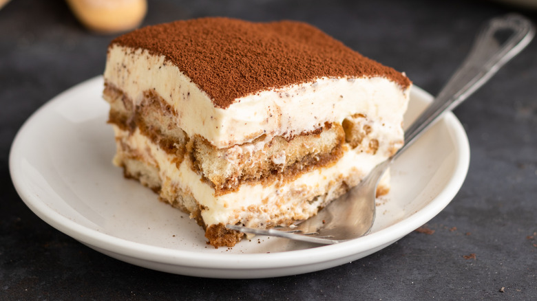 slice of tiramisu with fork