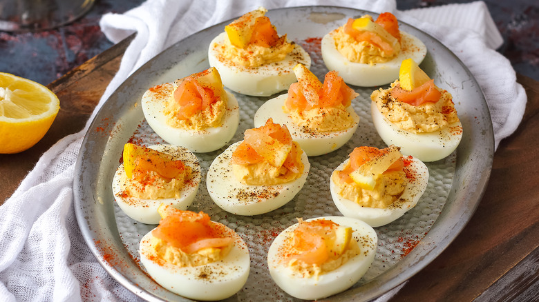 Smoked salmon topped deviled eggs