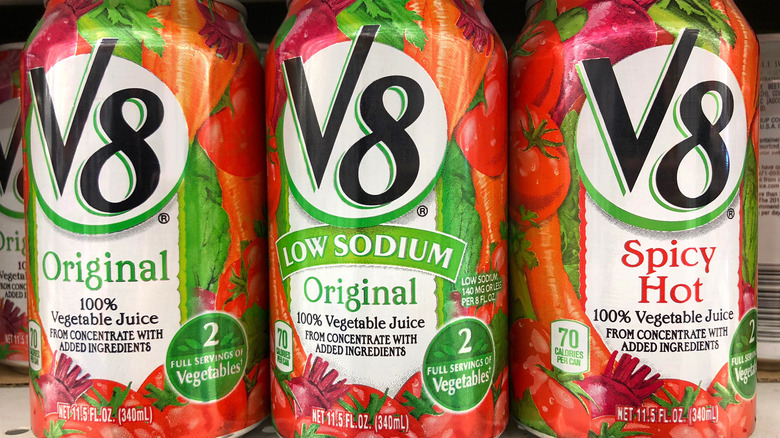 cans of V8 on shelf