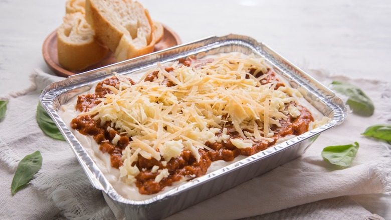 frozen lasagna in aluminum pan