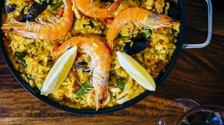 Seafood paella from above