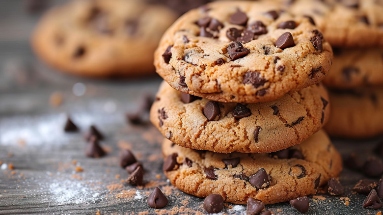 Chewy chocolate chip cookies stacked up on a plate