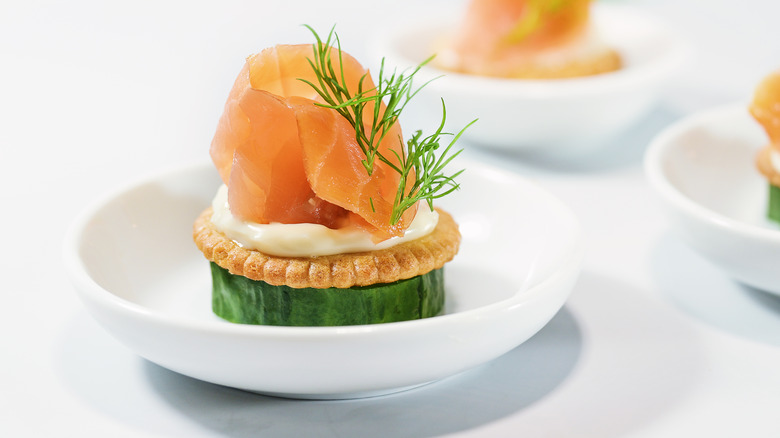 Smoked salmon canape with cucumber