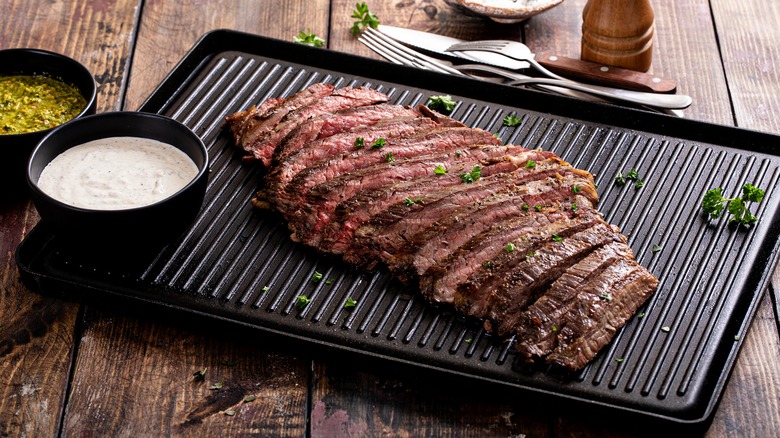 Flank steak on metal pan