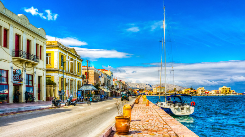 View of Chios harbor with boat docked