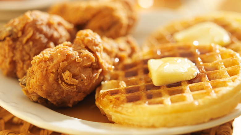 Chicken and waffles on a plate