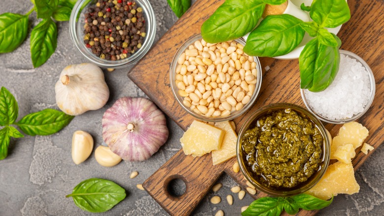 Traditional basil pesto ingredients