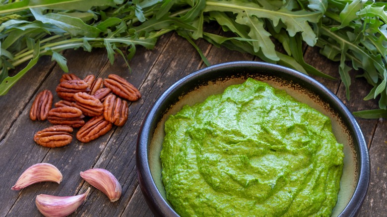 Arugula with pecans and pesto