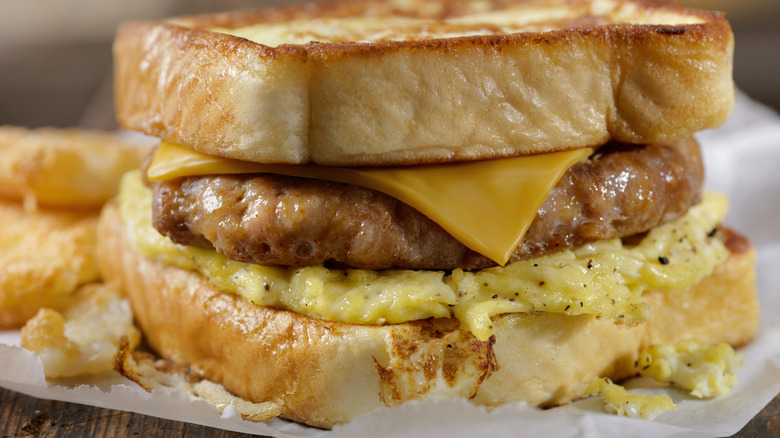 Egg and sausage breakfast sandwich