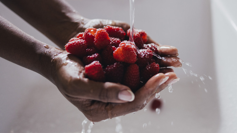 Washing raspberries by hand