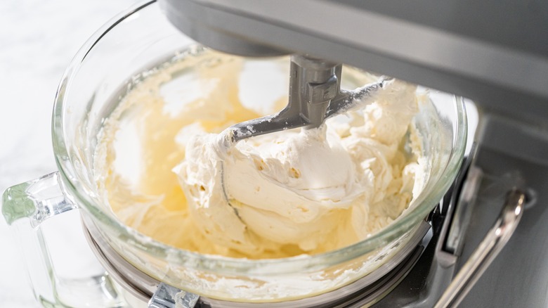 Buttercream frosting in mixing bowl