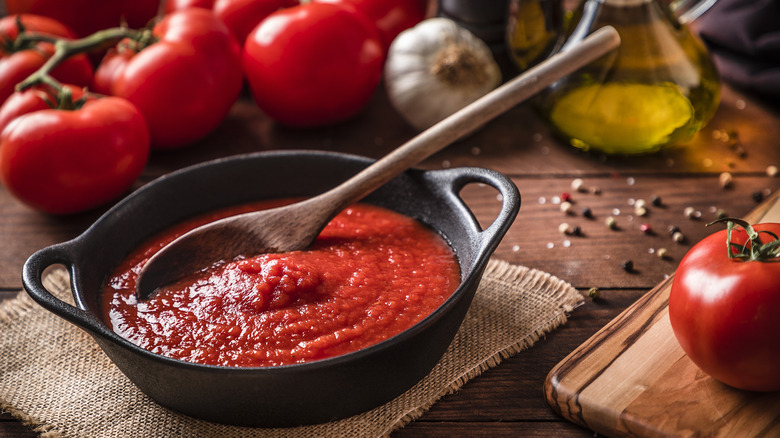 Cast iron pan wth tomato sauce, tomatoes, garlic