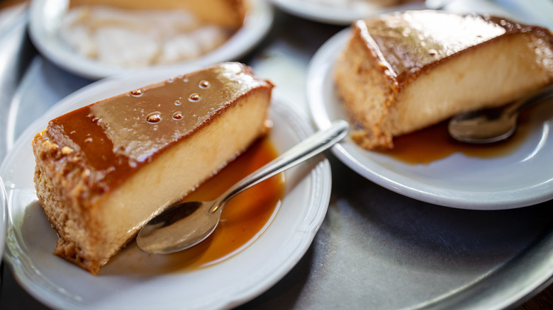 Slices of flan on plates