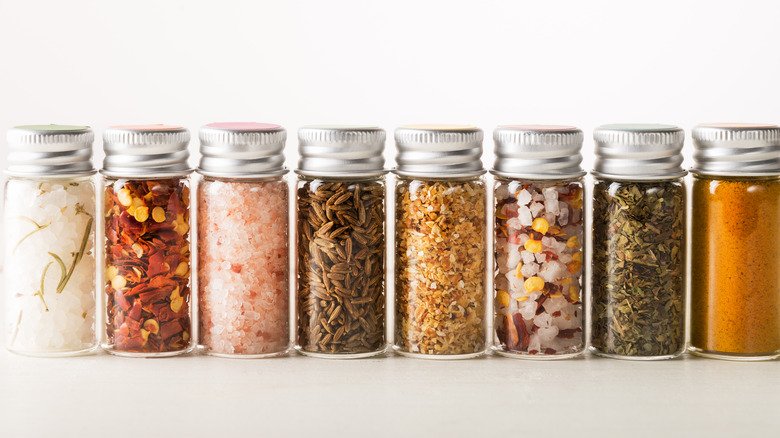 Rows of spices in jars