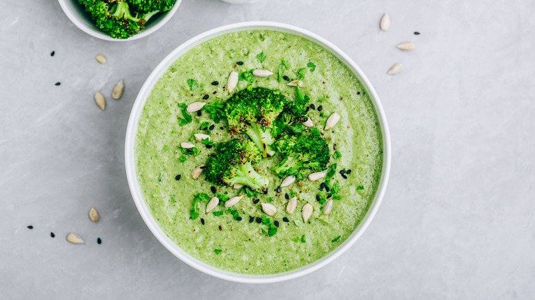 Roasted broccoli soup with sunflower seeds