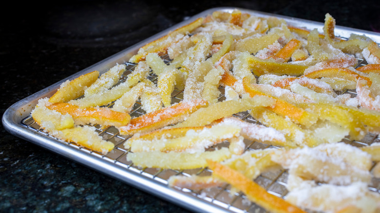 candied lemon peels on baking tray