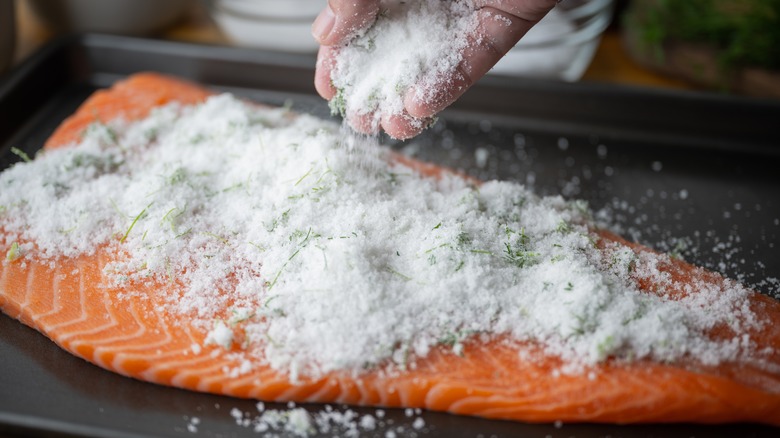 salting a raw salmon filet